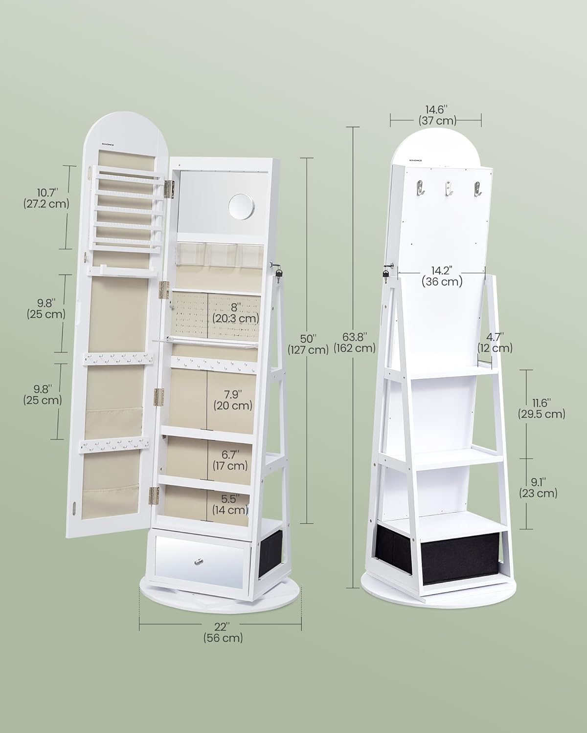SONGMICS 360° Swivel Jewelry Cabinet, Full-Length Mirror, Lockable
