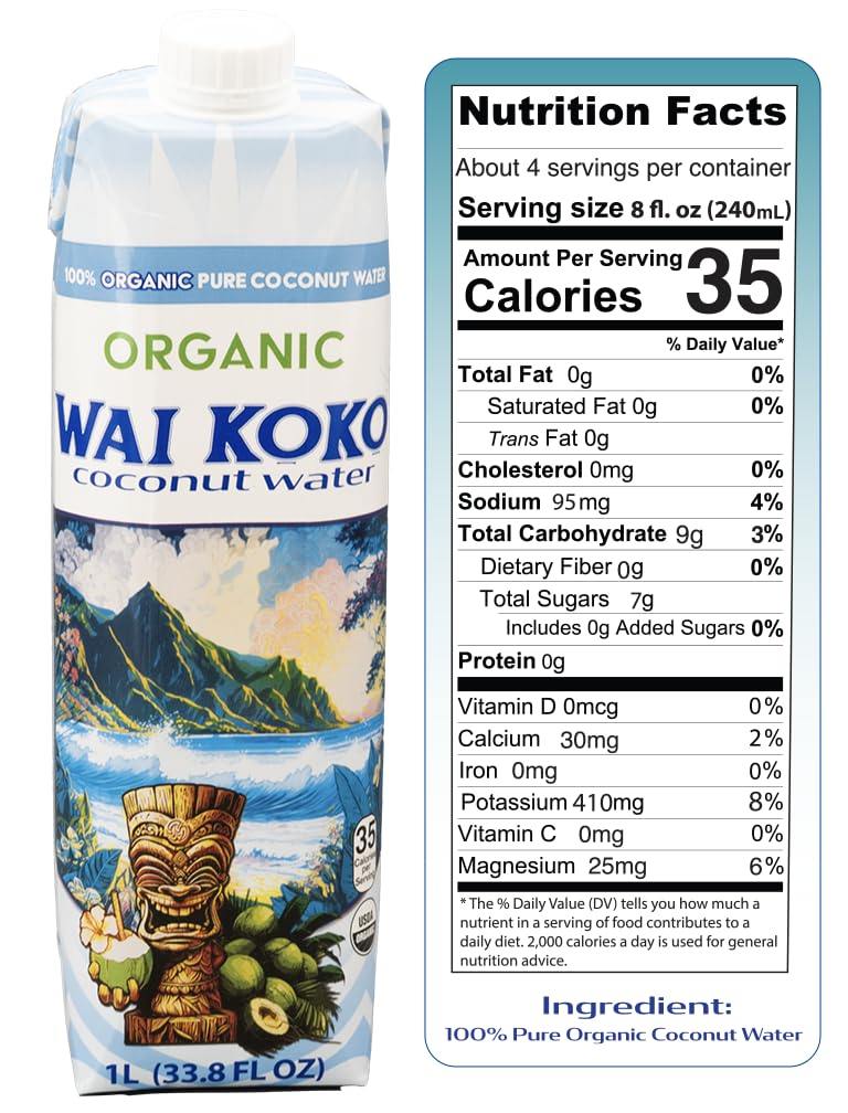 Wai Koko USDA Organic Coconut Water, 1L Cartons (Pack of 6)
