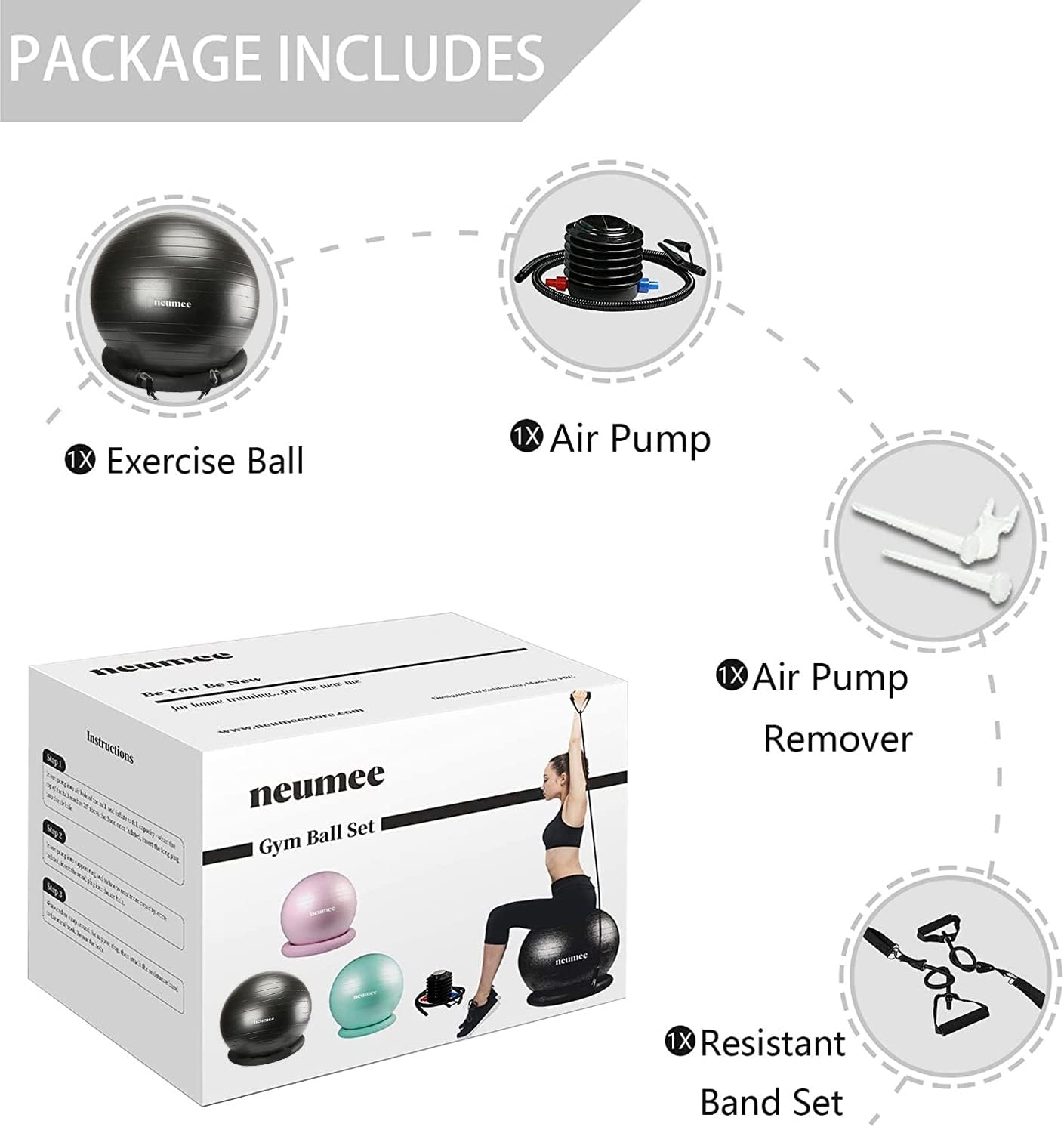 Yoga Ball Chair with 65cm Exercise Ball & 2 Resistance Bands, Stability Base for Home Office, Yoga, Pilates & Fitness, Balance Ball for Posture