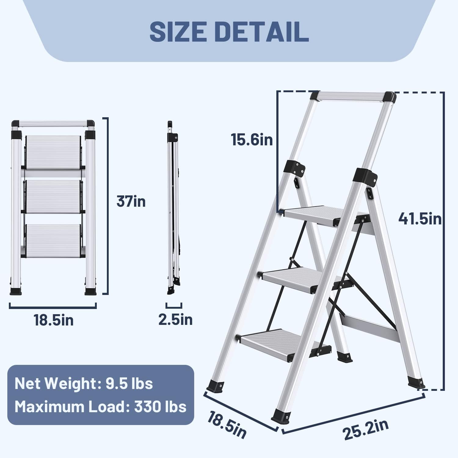 XinSunho 3 Step Ladder, Aluminum Folding Stool with Retractable Handgrip