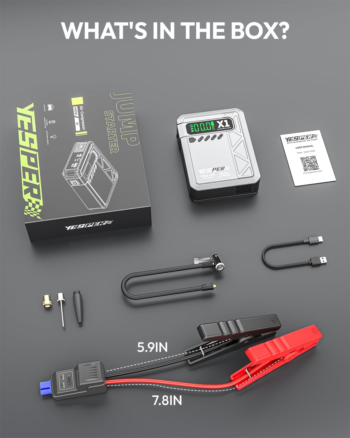 YESPER Jump Starter with Air Compressor 2000A 150PSI Battery Jumper Starter Portable(8L Gas/6L Diesel), 12V Car Jump Pack Battery Charger Jump Box with Jumper Cables, LCD Display, Lights | 2000A Battery Jumper Starter Portable(8L Gas/6L Diesel), Car Batt…