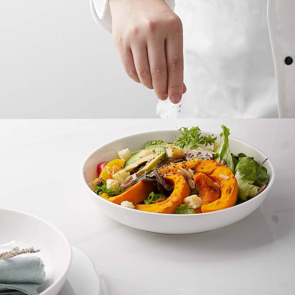 Y YHY 9.75" Large Pasta Bowls, 50 Ounces Big Salad Bowls, Ceramic Serving Bowl Set of 4, Wide and Shallow Bowls Set, Microwave and Dishwasher Safe, White