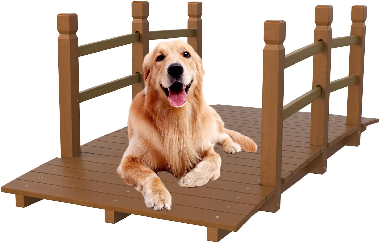 VINGLI 5 ft Garden Bridge, Classic Wooden Arch with Safety Rails Stained Finished Footbridge, Decorative Pond Landscaping, Backyard, Creek or Farm