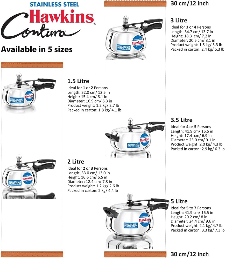 Hawkins 3 Litre Contura Pressure Cooker, Stainless Steel Inner Lid Cooker, Handi Cooker, Induction Cooker, Silver (SSC30)