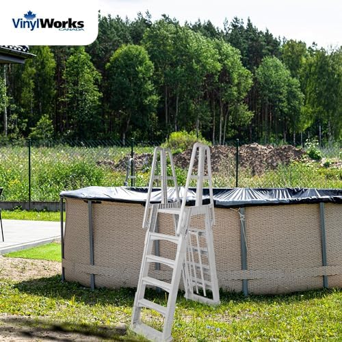 SLA A-Frame 48 to 56 Inch Adjustable Above Ground Swimming Pool Ladder Entry System with Slide Lock Barrier and Handrails, White
