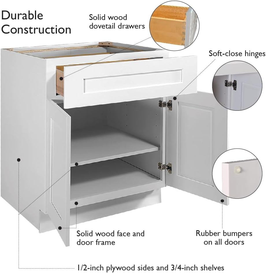 Brookings Shaker Unassembled Base Kitchen Cabinet B18, 18 W x 24 D x 34.5 H, Painted White with Sherwin Williams®, Solid Wood – Design House, 561340 | Adjustable Shelves, Adjustable Hinges, Floor Mount, Contemporary/Modern, Wood, Kitchen, 561340