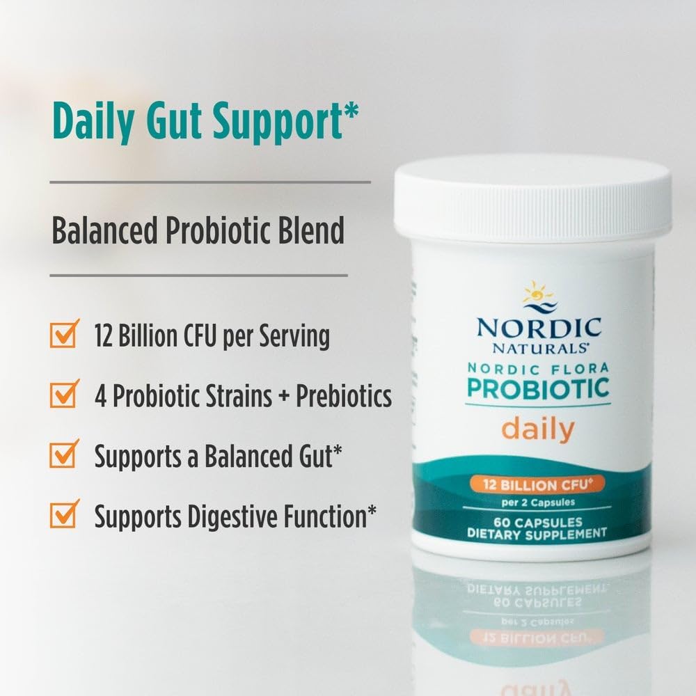 Nordic Naturals Nordic Flora Probiotic Daily, Immune Support - 60 Count | 4 strains, 12 billion CFU. Supports immune health, digestive wellness & optimal gut function. Vegan, Non-GMO. 30 servings.