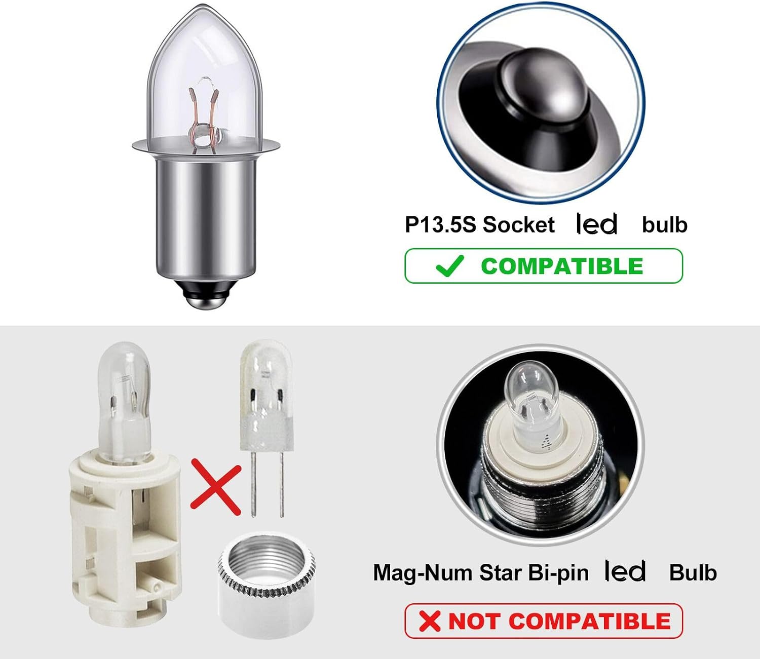 2 Pack P13.5S LED Replacement Bulbs DC 3W 4-12V LED Upgrade Bulb for Maglight Flashlight on 3 4 5 6 Cell Lantern Torch