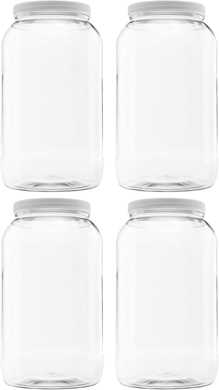 1 Pack - 128 oz (1 Gallon) Plastic Storage Jars with 110-400 Leak Proof Black Lids, Food Grade, BPA Free, Hand Wash Only (128oz, BLK, 1PK)