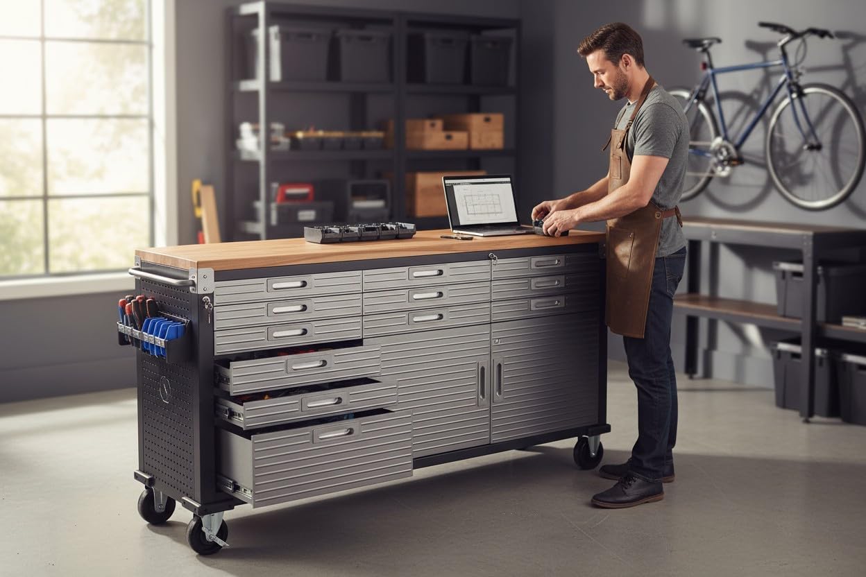 Heavy-Duty Rolling Workbench with Drawers and Cabinet, 77" W x 20" D x 37.5" H, (Red, 11 Drawer)