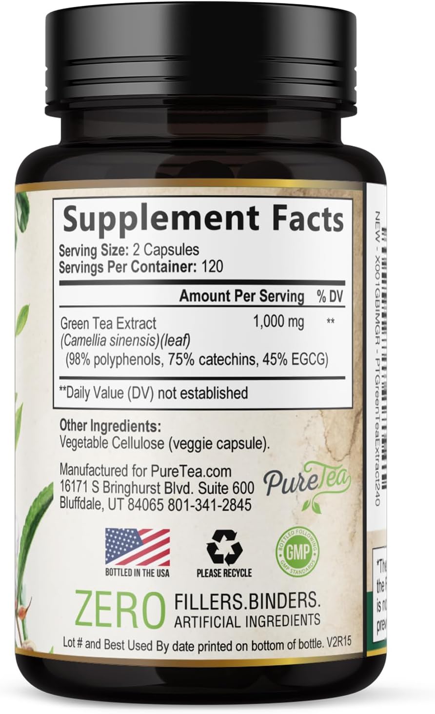 Green Tea Extract 1000mg Per Serving - 98% Polyphenols & 45% EGCG Capsules, Heart Support with Antioxidants - 3X Absorption Green Tea Pills Supplement, Natural Energy, Gentle Caffeine - 240 Capsules