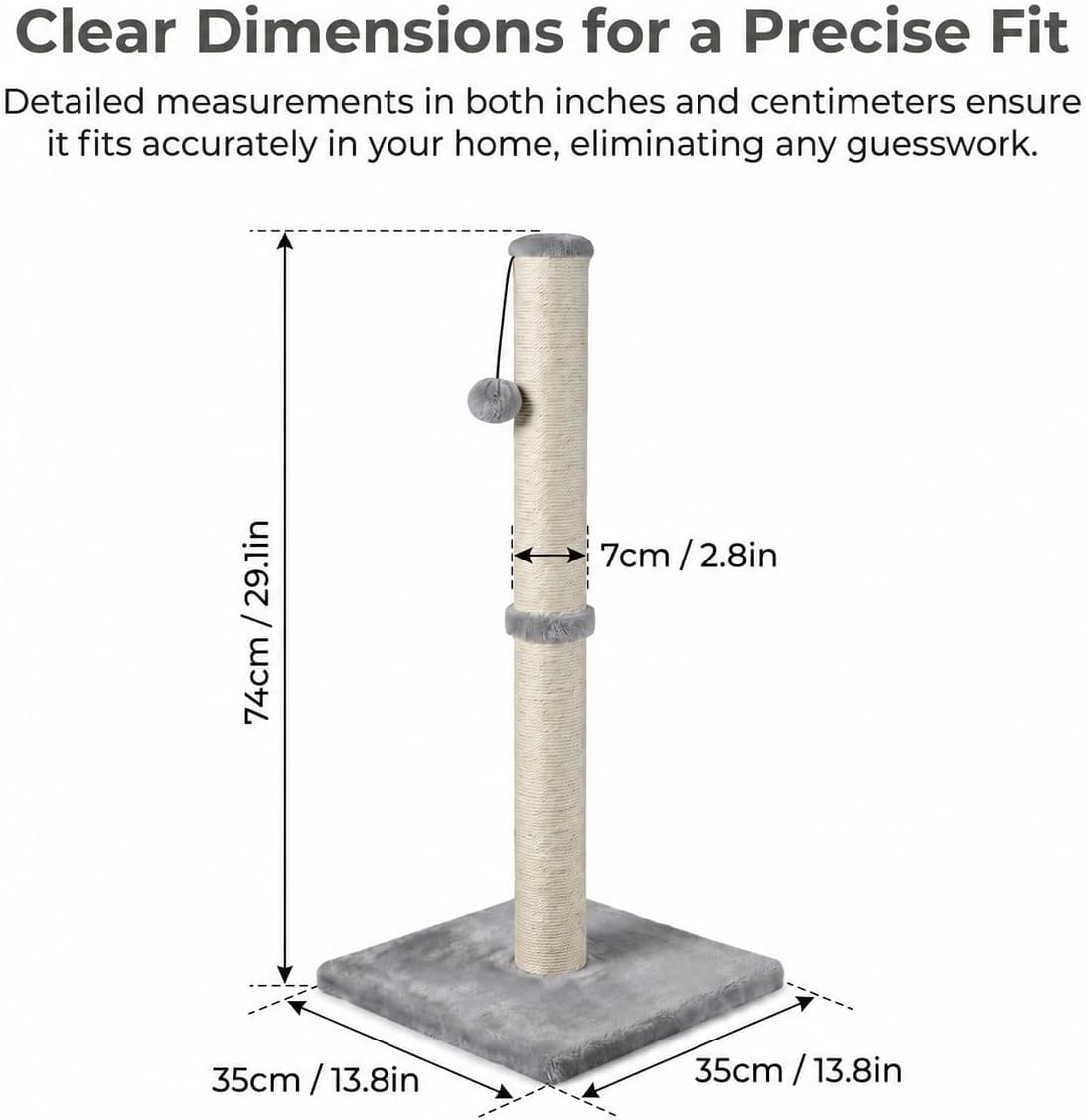 Dimaka 29" Height Tall Cat Scratching Post, Claw Scratcher with Sisal Rope and Covered with Soft Smooth Plush, Vertical Scratch [Full Strectch] for Standard Size Cats(Grey, 29 inches for All Cats)