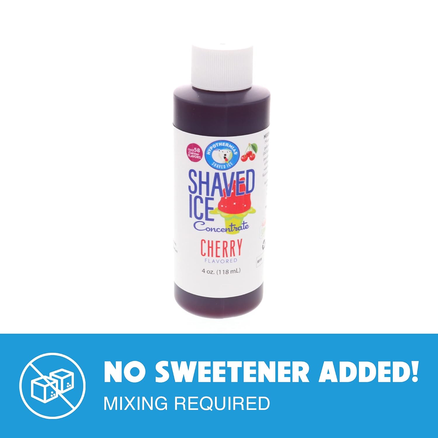 Hypothermias Shaved Ice and Snow Cone Syrup Unsweetened Flavor Concentrate - 4 Fl Oz - Makes 1 Gallon of Ready to Use Syrup - Cherry - Must Add