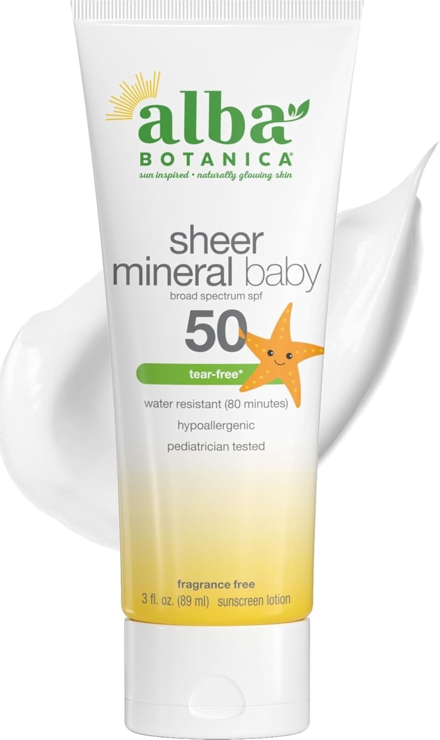 Alba Botanica Baby Sunscreen for Face and Body, Sheer Mineral Sunscreen Lotion, Broad Spectrum SPF 50, Water Resistant and Fragrance-Free
