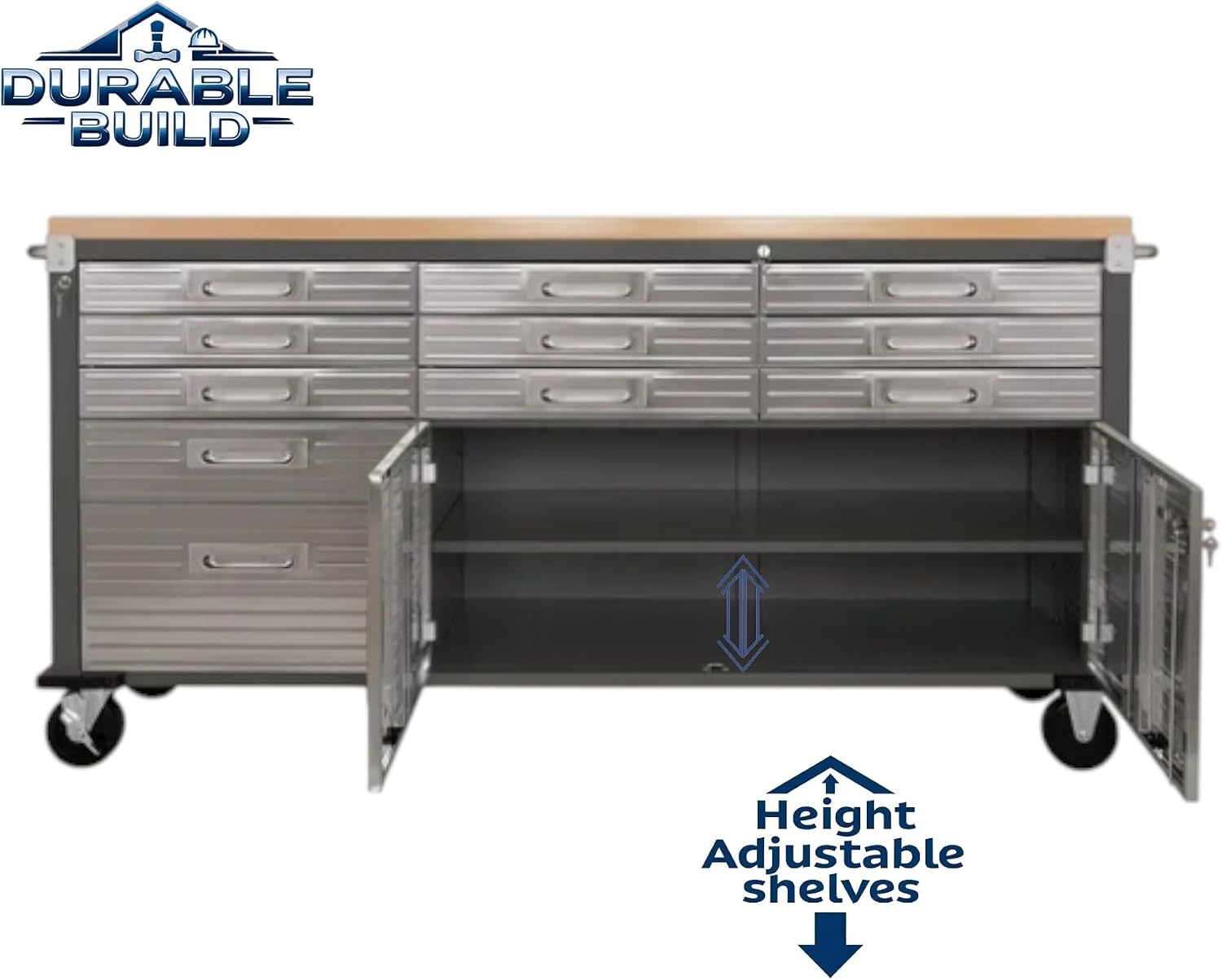 Heavy-Duty Rolling Workbench with Drawers and Cabinet, 77" W x 20" D x 37.5" H, (Red, 11 Drawer)