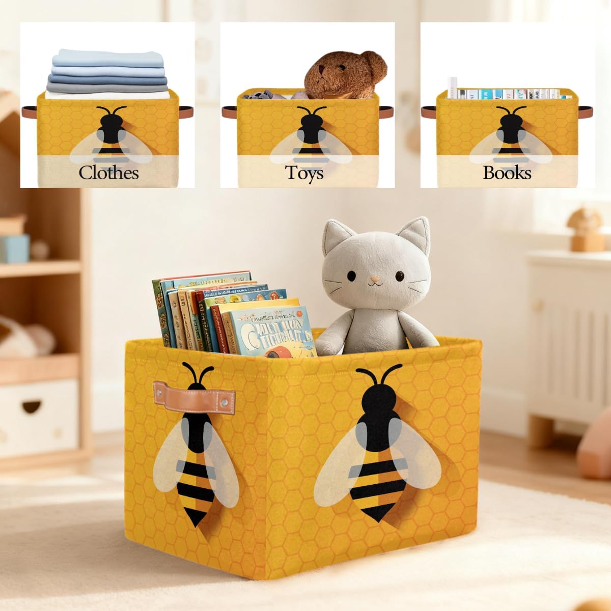 Cute Bee Square Storage Basket Bin Canvas Fabric Compressible Organizer Basket with Handle for Bedroom Nursery Office, 1PCS