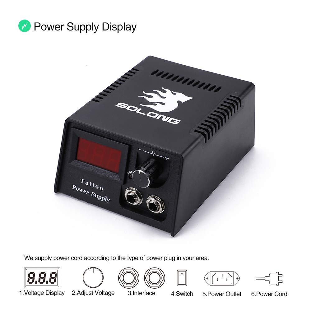 Solong Complete Tattoo Kit 4 Pro Machine Guns 54 Inks Power Supply Foot Pedal Needles Grips Tips Carry Case TK456-US（Machine color random）