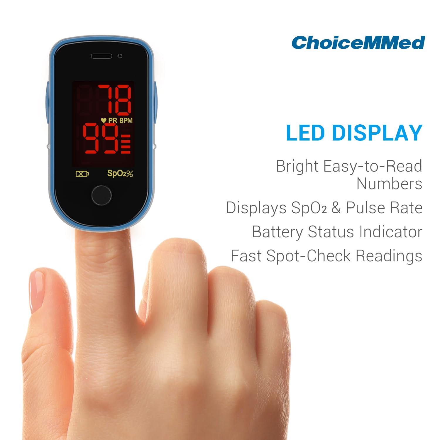 CHOICEMMed Finger Pulse Oximeter, Blood Oxygen Saturation Monitor, Fingertip O2 Sensor with LED Display, Pulse Rate Reader