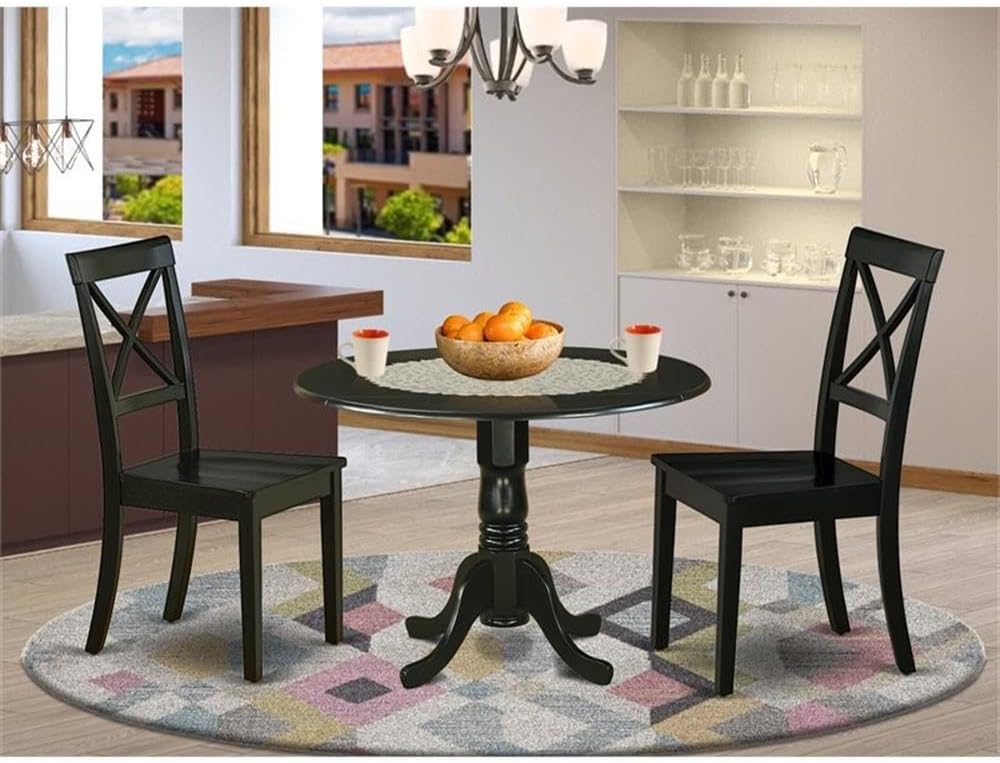 East West Furniture DLBO3-WHI-W 3 Piece Dining Room Table Set Contains a Round Kitchen Table with Dropleaf and 2 Dining Chairs, 42x42 Inch, Linen White