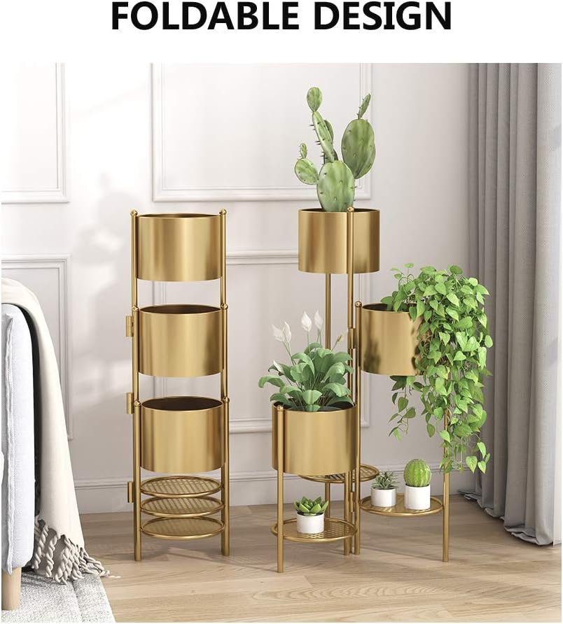 Metal Plant Stand, 6 Tier 6 Potted Indoor Gold Flower Pot Stand Holder Shelf, Foldable Decorative Display Rack for Multiple Potted Plants