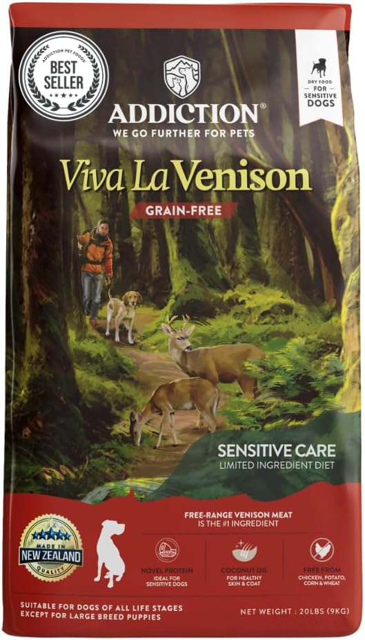 Addiction Viva La Venison Dog Food – Grain-Free Dry Dog Food with Novel Protein & Prebiotics, No Chicken, Beef, or Turkey – Ideal for All Dogs & Puppies – Made in New Zealand 4lb