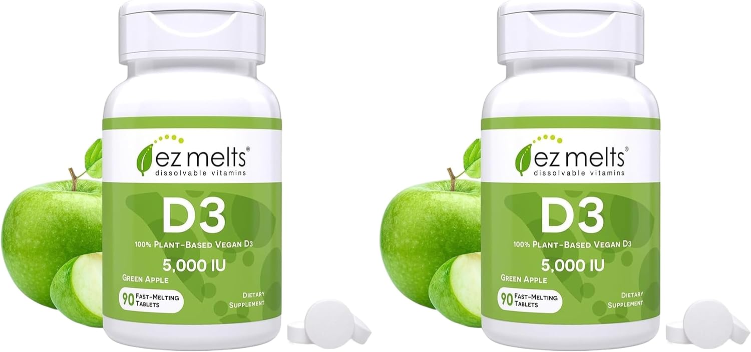 EZ Melts Dissolvable Vitamin D3 5,000 IU - Vegan Vitamin D Supplement for Bone & Teeth Support - No Artificial Flavors - Plant-Based & Non-GMO - Green Apple - 90 Dissolvable Tablets (90 Servings)