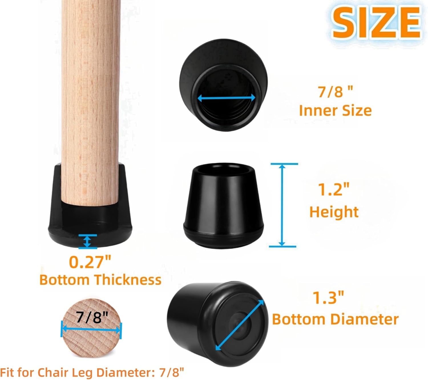 Furnigear Chair Leg Tips Caps Non-Slip Rubber Leg Tips 1-1/2” Inner Diameter Chair Leg Floor Protectors Round Black 4 Pack (Fit Round Diameter
