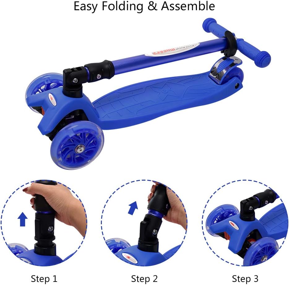 ChromeWheels Foldable Scooters for Kids, Deluxe Kick Scooter 4 Adjustable Height 132lbs Weight Limit 3 Wheel, Lean to Steer LED Light Up Wheels