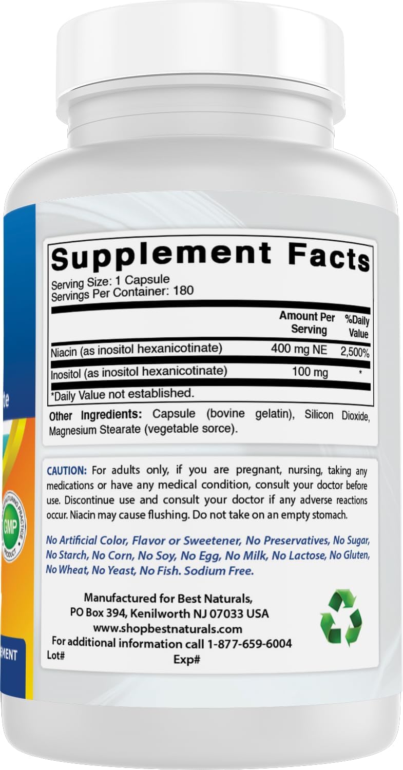 Best Naturals Flush-Free Niacin Inositol Hexanicotinate 500 mg 180 Capsules