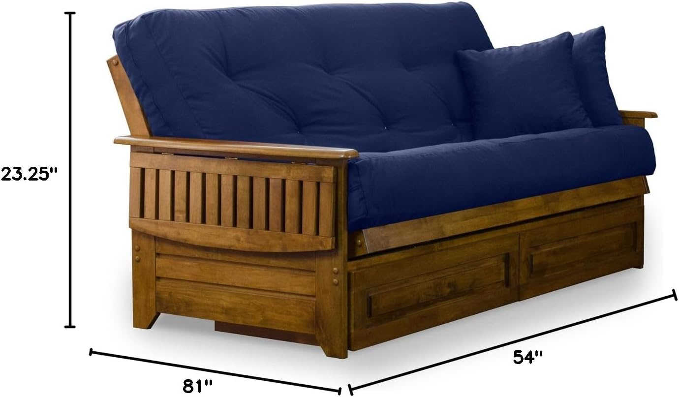 Brentwood Tray Arm Futon Frame, Drawers, and Khaki Mattress Set - Queen, Rich Heritage Finish