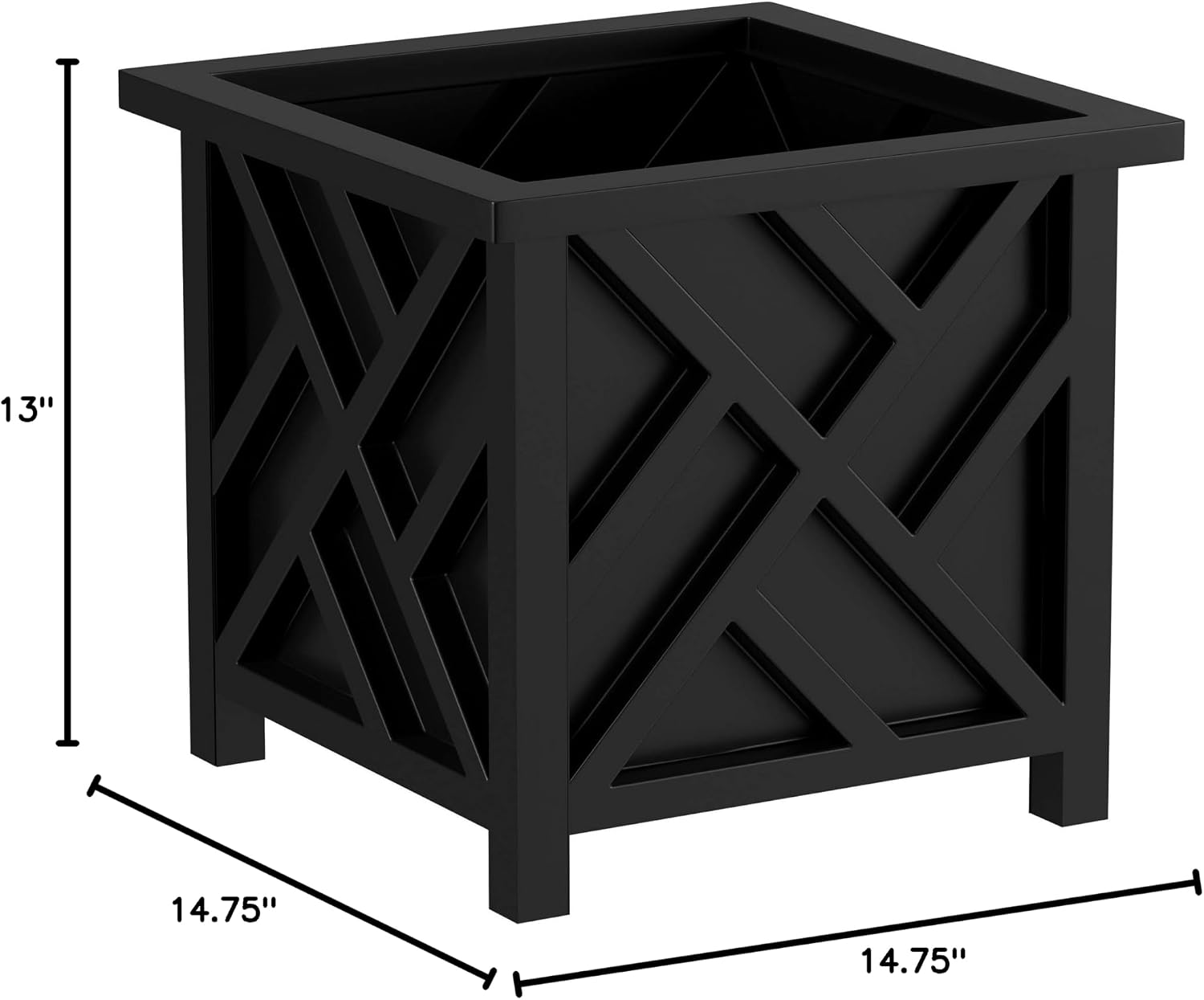 Lattice Design Outdoor Planter Box - 14.75” Square 13” Tall Black Plant Pot - Decorative Plant Pots for Front Porch Decor - Flower Pots Outdoor