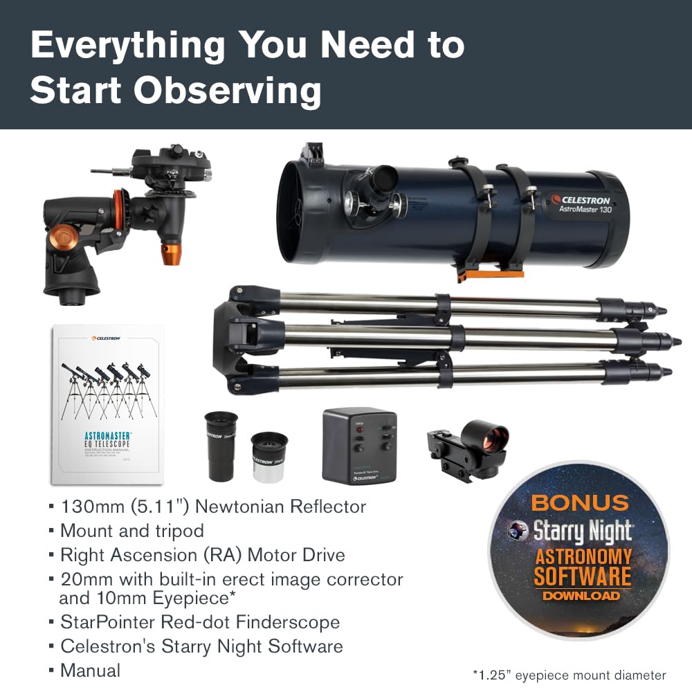 Celestron AstroMaster 130EQ Telescope for Deep-Sky Beginners | Large 130mm Optics, Bright Moon & Deep-Sky Views, Perfect First Telescope, German Equatorial Mount with Easy Manual Controls