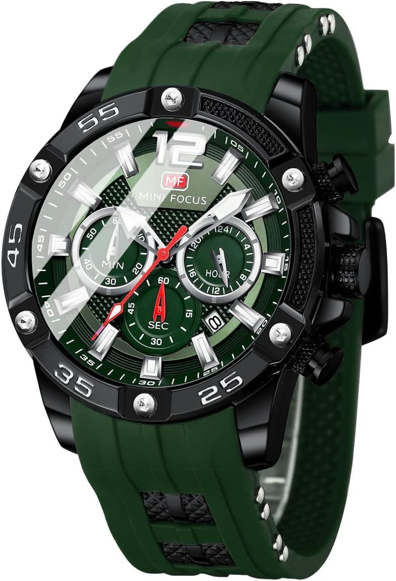 MF MINI FOCUS Men Watch, Chronograph Waterproof Sport Analog Quartz Watches Blue Silicon Strap Fashion Wristwatch for Men