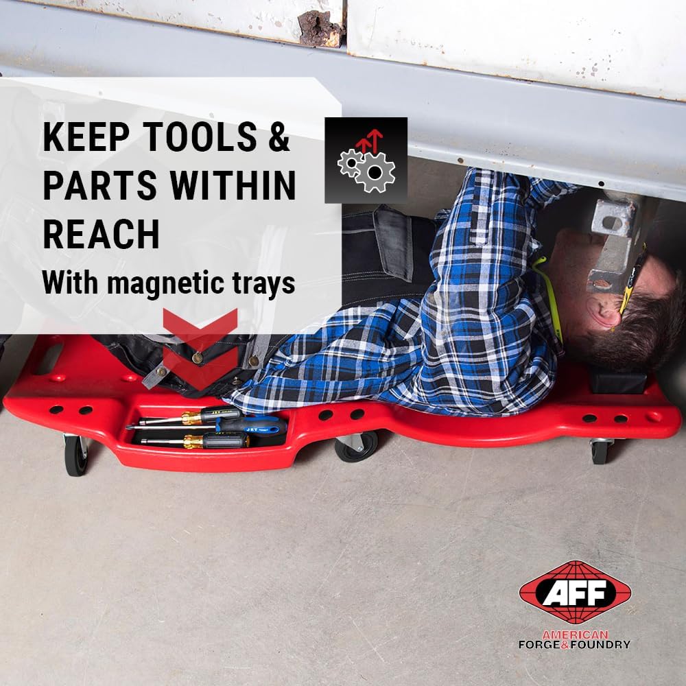 AFF XL Mechanic's Creeper - 47" Length Ergonomic Creeper with Padded Headrest & Magnetic Tool Trays - Super Duty