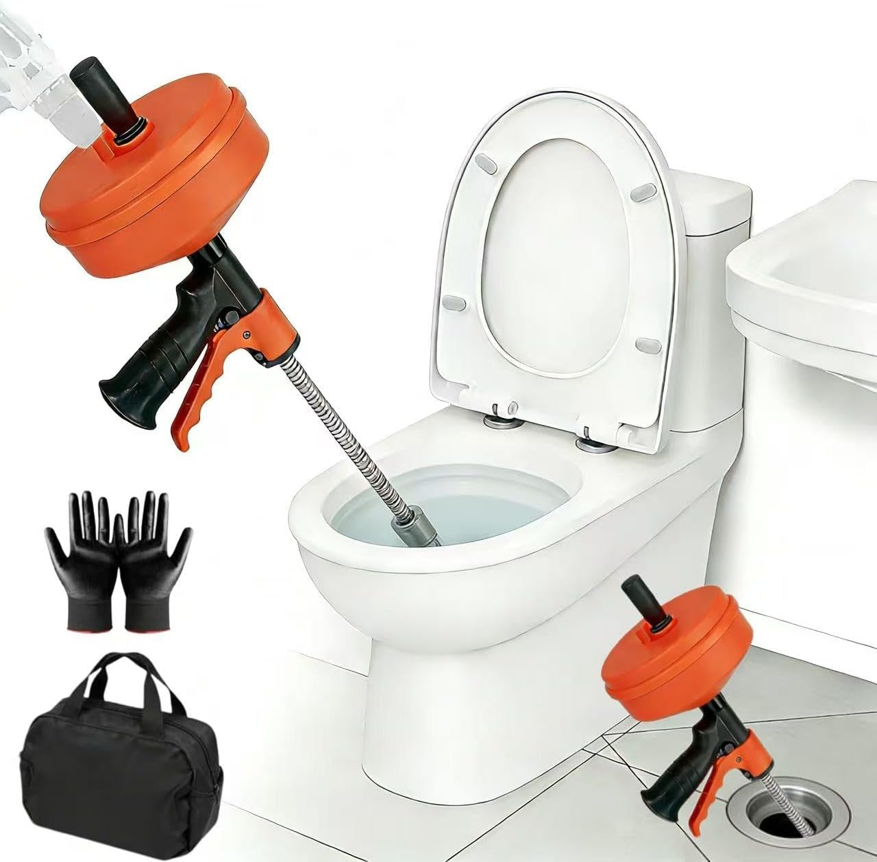 50 FT Double Mode Drain Snake Tools, 14-in-1 Drain Auger for Sink and Drain Unblocking, Plumbing Snake for Kitchen, Bathrom and Shower Sink