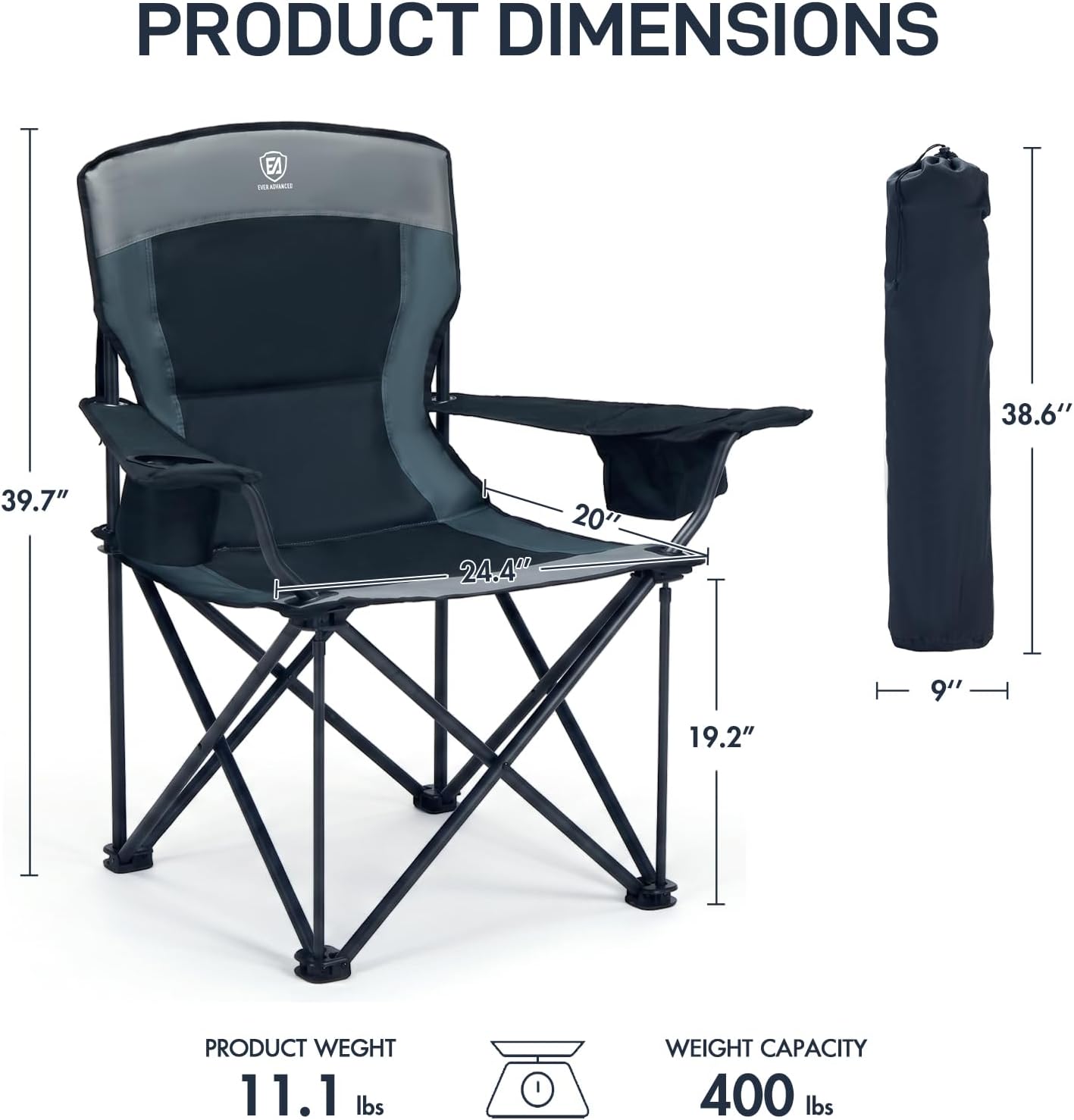 EVER ADVANCED High Back Folding Camping Chair Oversized and Fully Padded, Portable Quad Camp Lawn Chair Up to 400 lbs, with Cup Holder Armrest Carrying Bag