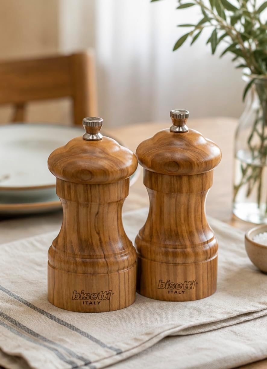 Bisetti Imperia 4 Inch Olive Wood Salt Mill With Adjustable Ceramic Grinder, Made in Italy