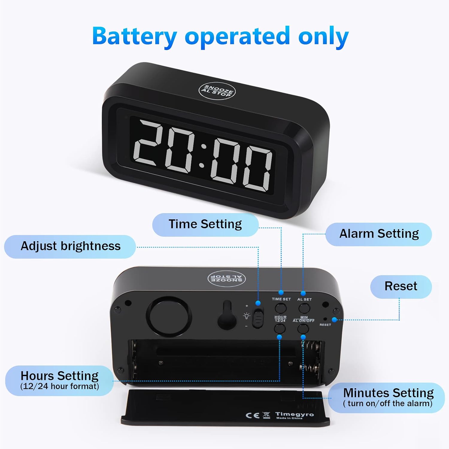 Digital Alarm Clock Battery Operated with LED Display for Bedrooms, Long Battery Life for 12 Months, 3 Brightness Adjustable, 12/24 Hour, Snooze, Black Case with Red Digits