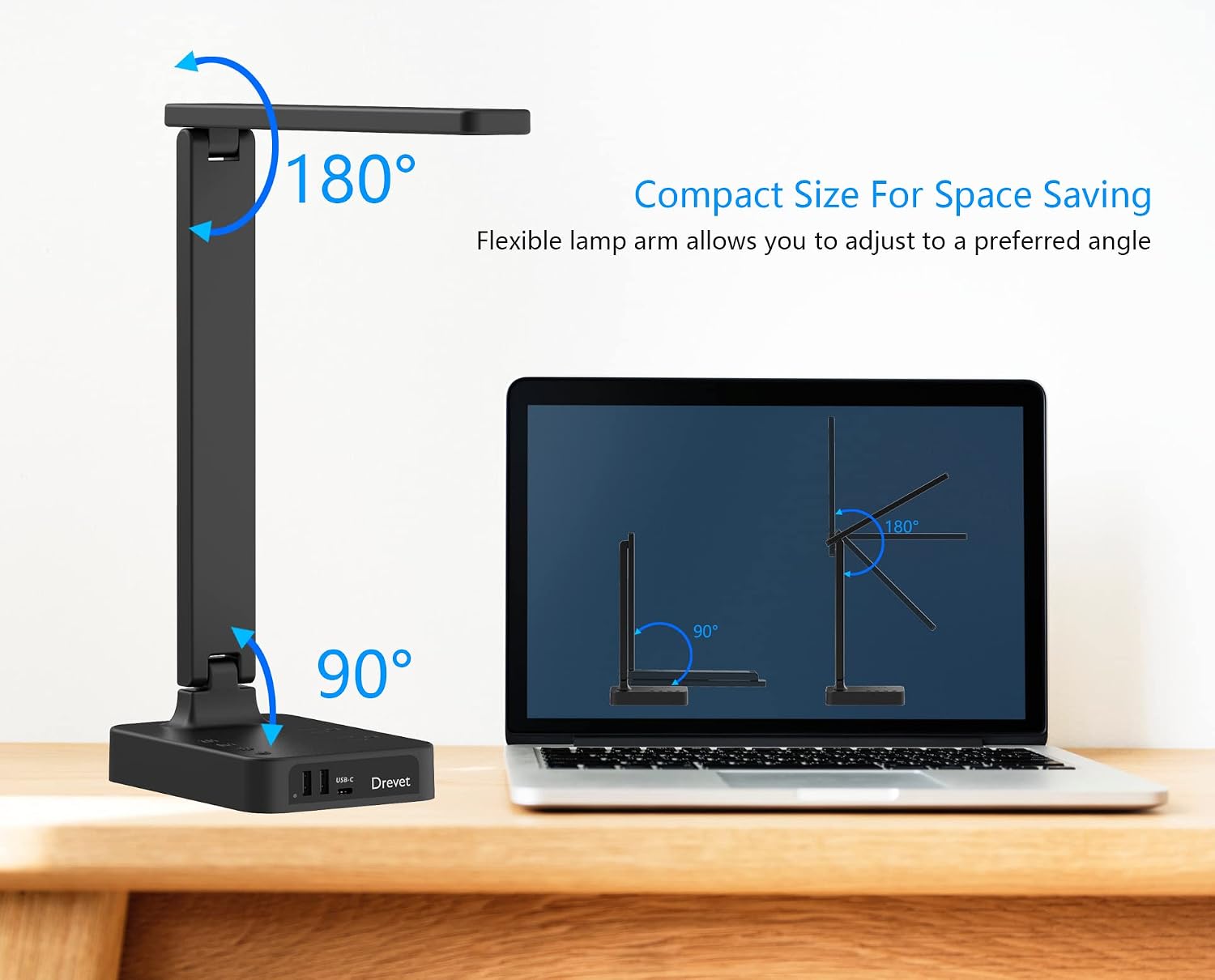 Drevet LED Desk Lamp for College Dorm Room, Desk Light with 1 USB Charging Port 2 AC Power Outlet, 3 Lighting Modes, 3 Level Brightness Touch Lamp
