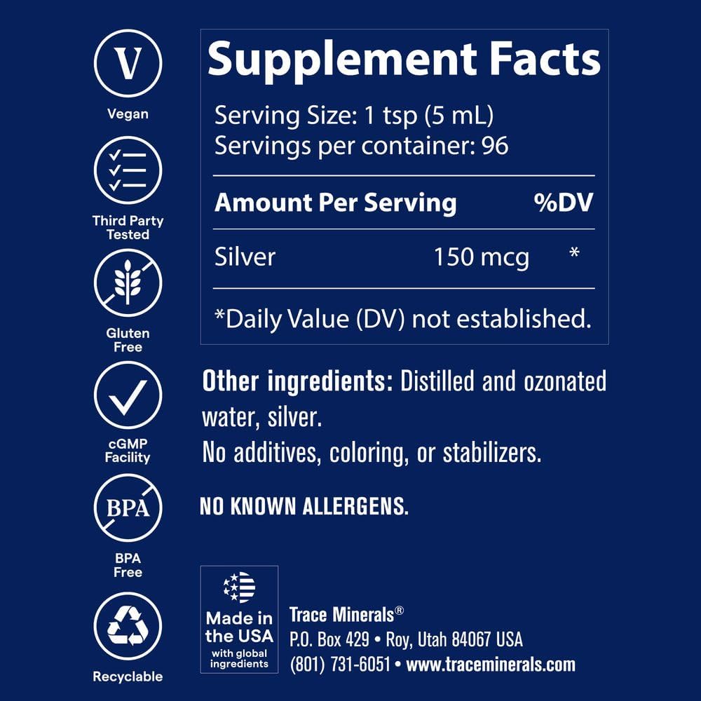 Trace Minerals Colloidal Silver Liquid Supplement, 16 oz | 30 PPM bio-active hydrosol, 99% pure silver, no additives or preservatives, distilled water base, super-oxygenated