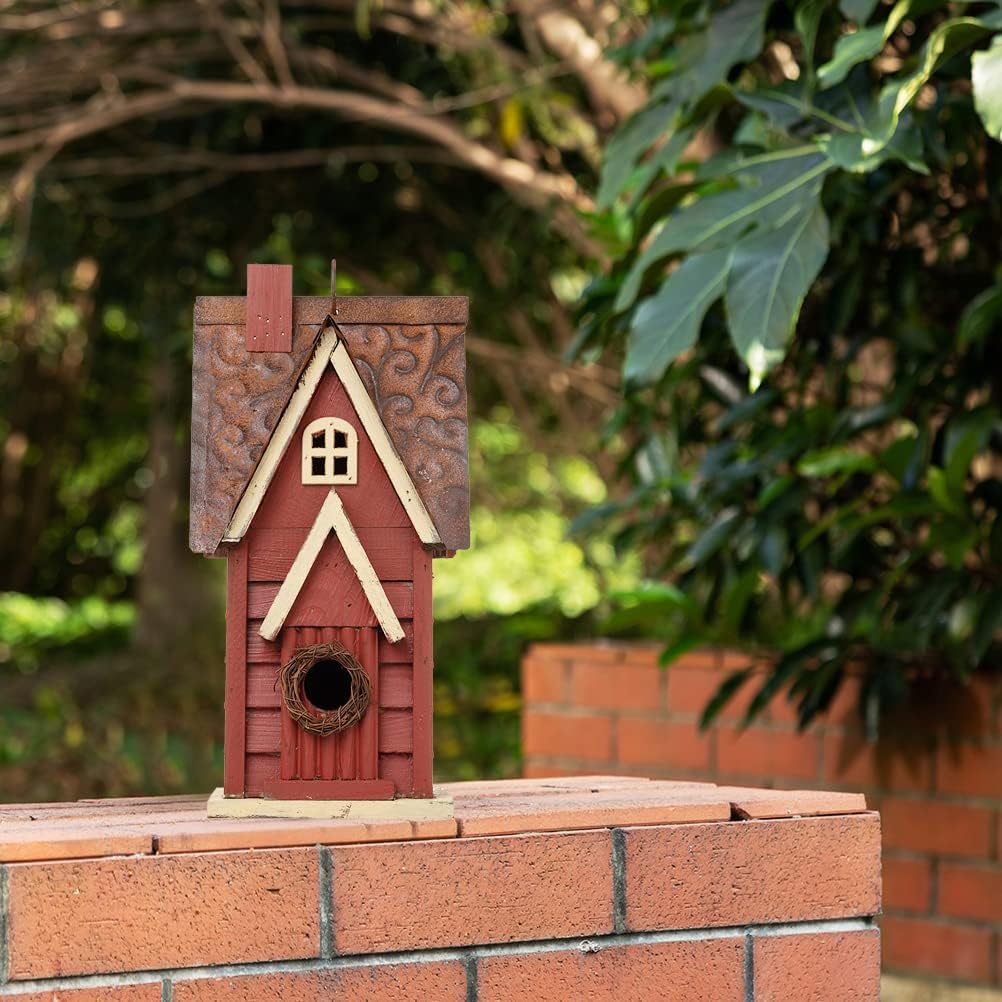 Glitzhome 12" H Green Hanging Distressed Solid Wood Garden Bird House Decorative Birdhouse