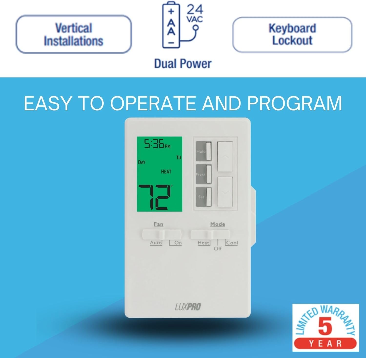 P711 7-Day Programmable or Non-Programmable, Easy-to-Use Thermostat | P711 Prog/Non-Prog, Digital Heating/Cooling Thermostat, Easy DIY Installation, Batteries Included