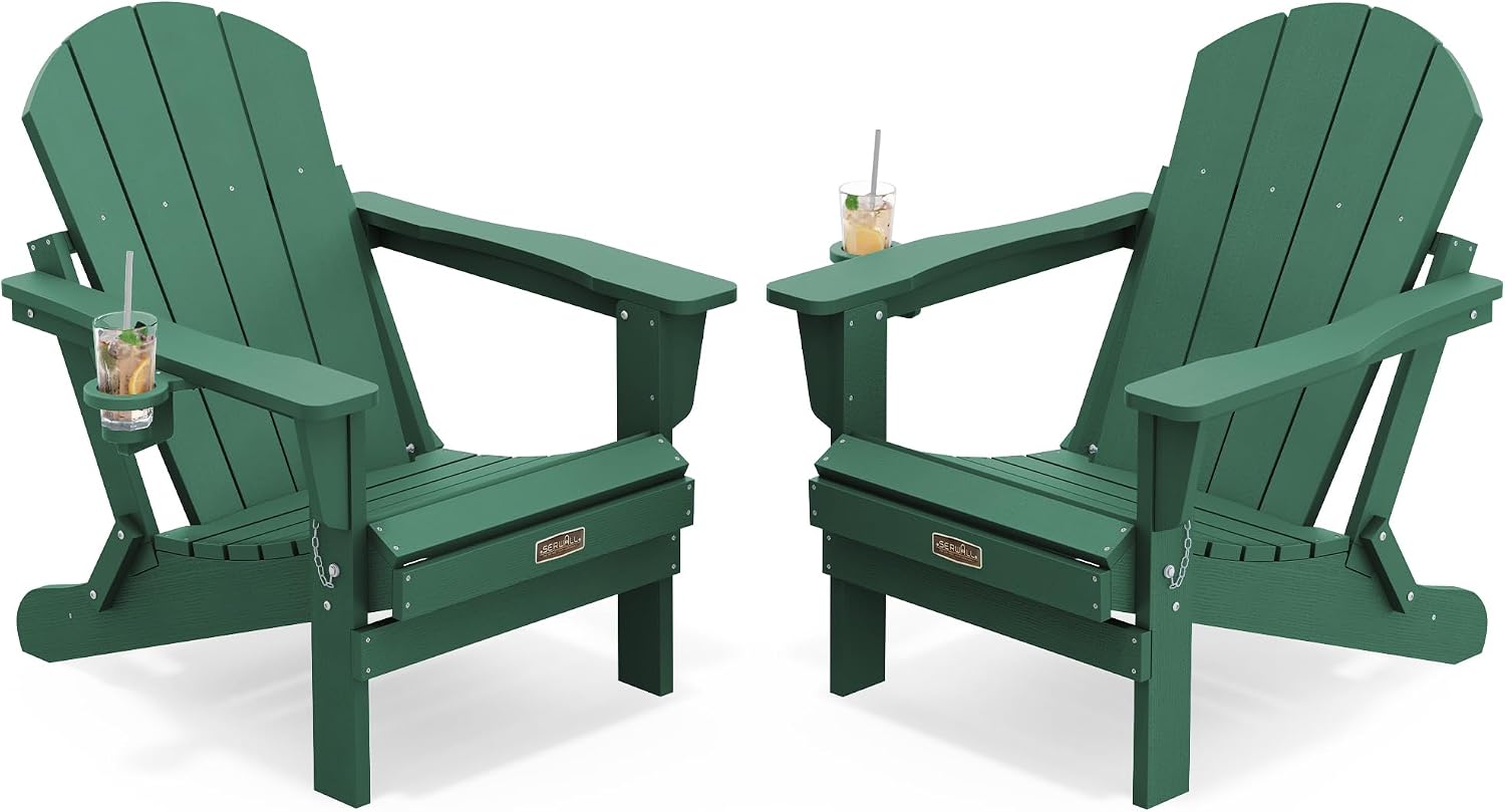 SERWALL Folding Adirondack Chairs with Cup Holder, Outdoor Fire Pit - Blue