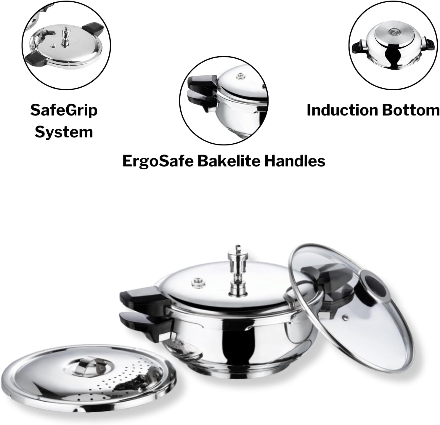 Vinod Magic Stainless Steel Smart 3 in 1 Pressure Cooker 5.5 Litre | 5mm Thick Base | All in One Cooker with Strainer & Glass Lid | Induction and