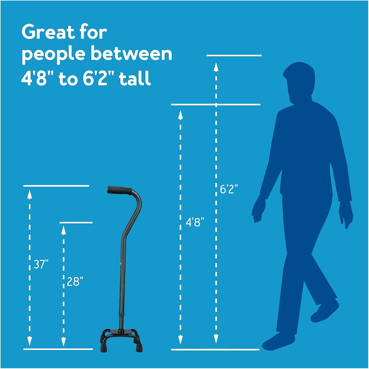 Carex Quad Cane with Small Base, Heavy Duty Quad Cane with Adjustable Height from 28" to 37", 4-Prong Walking Stick with Small Base