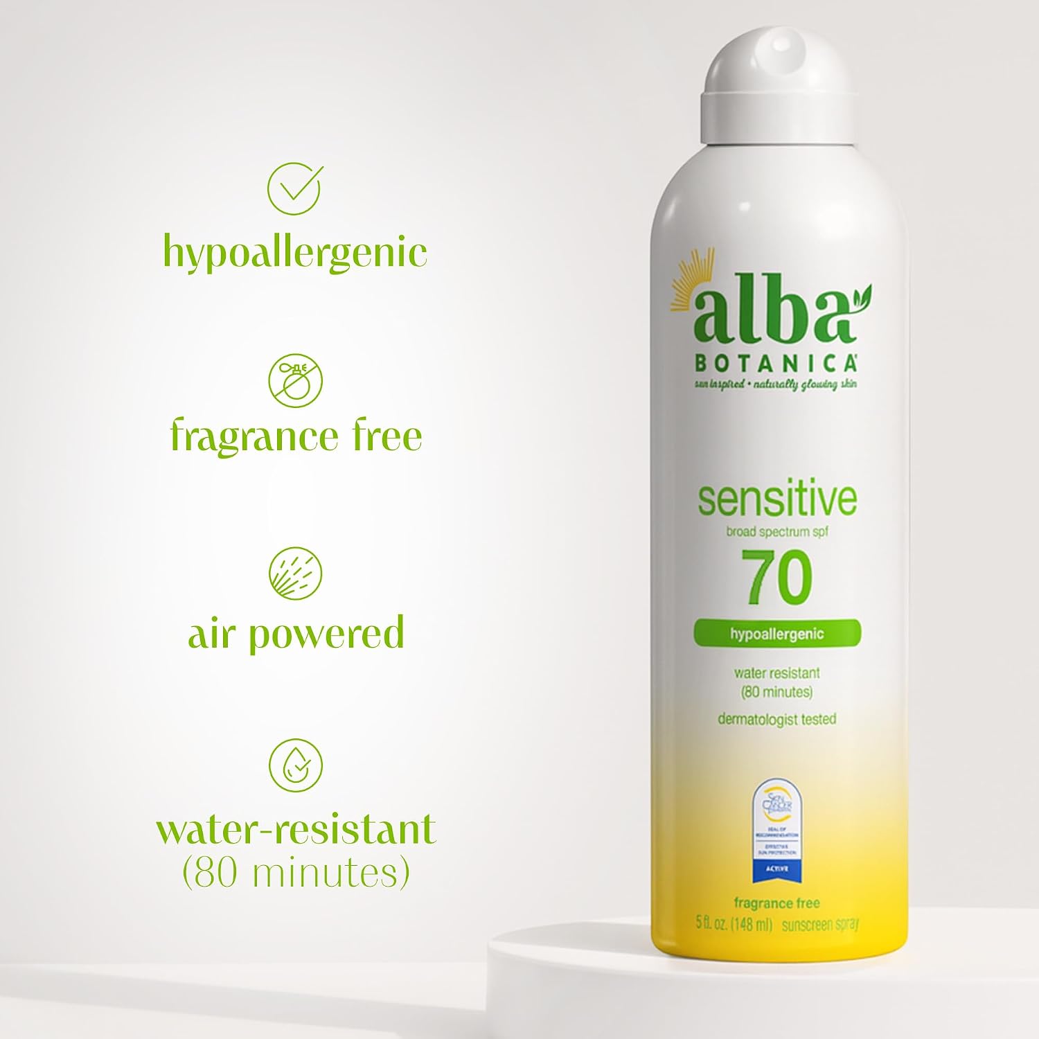Alba Botanica Sensitive Sunscreen Spray for Face and Body, Fragrance-Free, Broad Spectrum SPF 50, Water Resistant, 5 fl. oz. Bottle