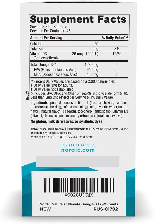 Nordic Naturals Ultimate Omega-D3,1280mg + 1000IU D3, Lemon - 90 Count