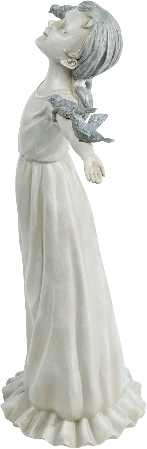 Design Toscano Basking in Glory Little Girl with Birds Outdoor Garden Statue, Medium, 16 inches tall, Cast Stone Resin, Two Tone Stone Finish