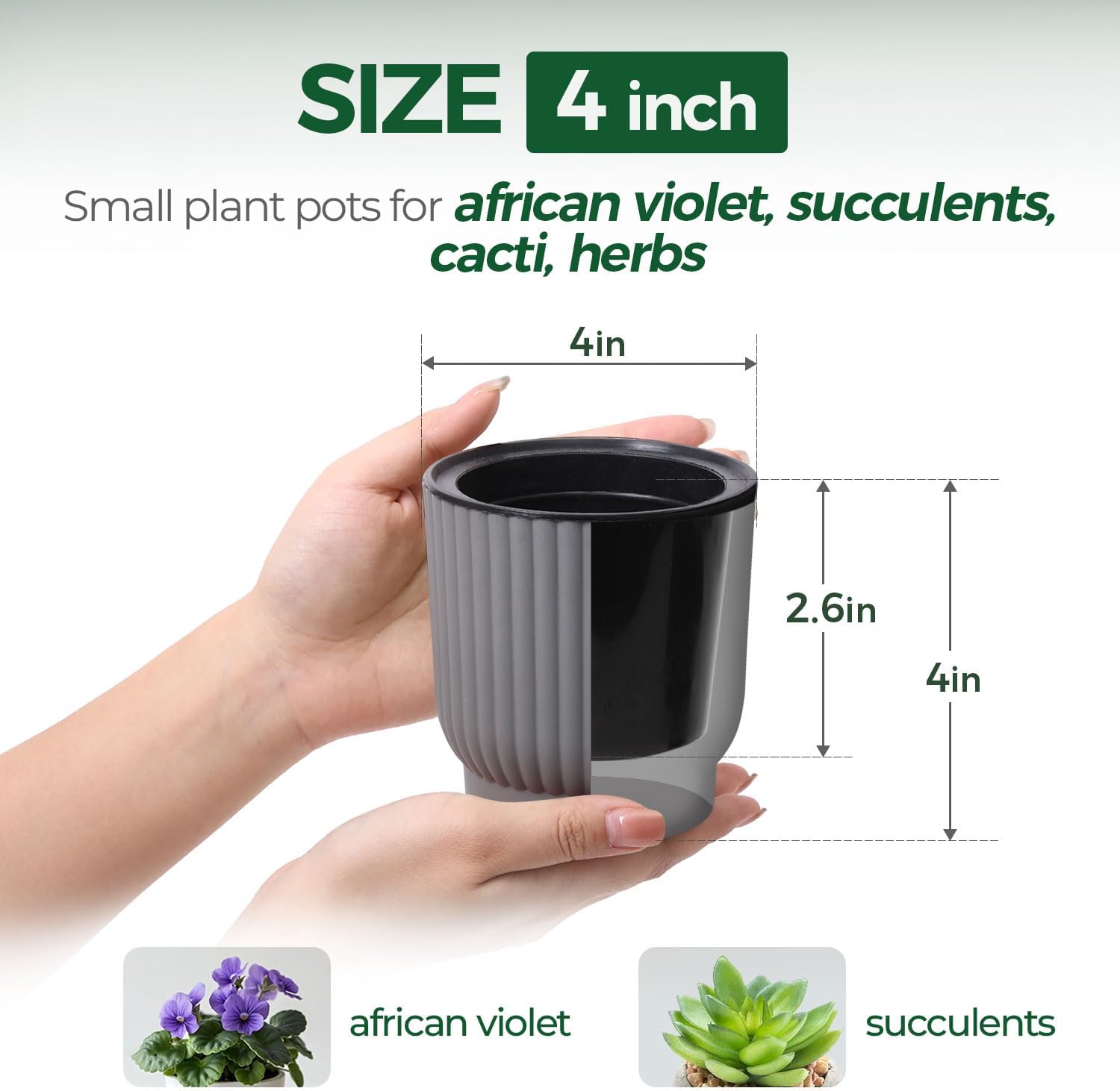 T4U Self Watering Pots for Indoor Plants, 4 Inch 6 Pack Planter White