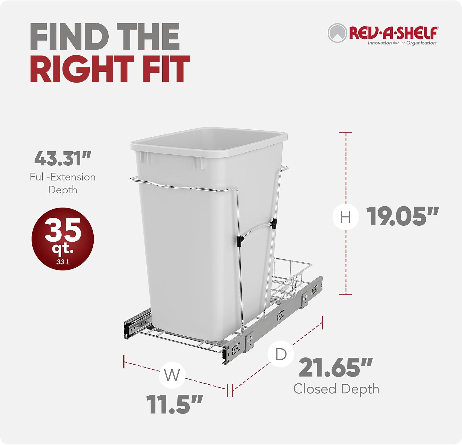 Rev-A-Shelf Pullout Trash Can for Kitchen Cabinets, Black Waste Bin, 35 Qt | Large Capacity Garbage/ Recycling Waste Container, Heavy Gauge Metal Wire Construction w/Full Extension Slides, RV-12KD-18C S